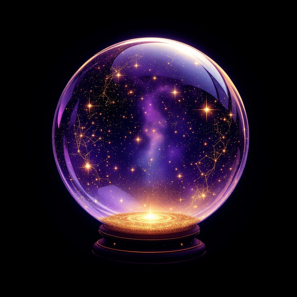 A glowing crystal oracle orb filled with stars — ask the yes no oracle a question